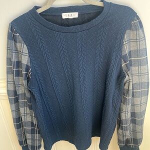 THML Navy and Gray Plaid Sleeve Sweater/Top